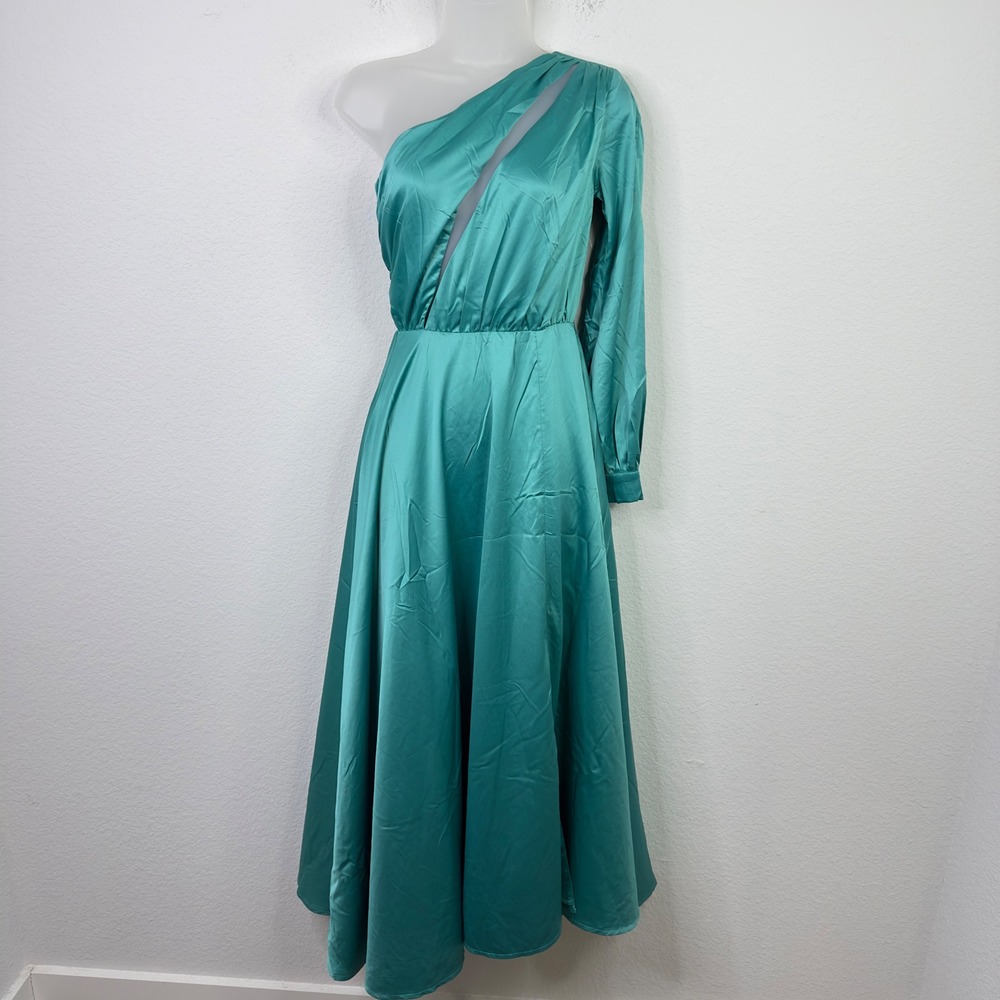 Alamour Dress Womens XS Teal Satin One Shoulder Long Sleeve Formal Evening‎ Gown